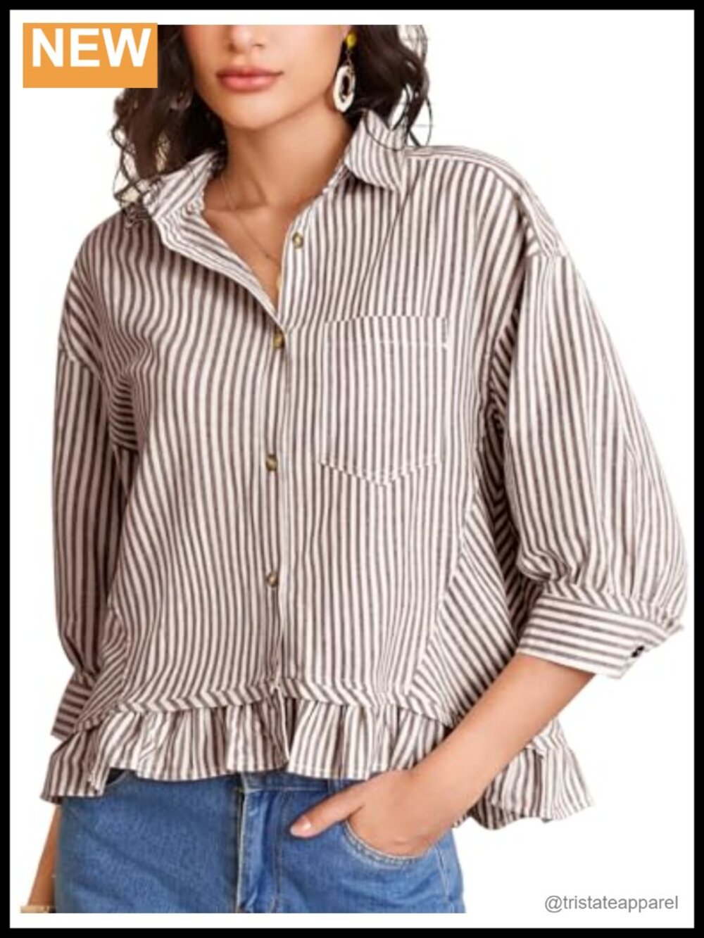 Women's Striped Button Down Crop Top 3/4 Sleeve Ruffled Blouse Cotton